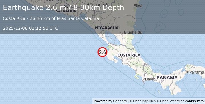 Earthquake OFF COAST OF COSTA RICA (2.6 m) (2025-12-08 01:12:56 UTC)