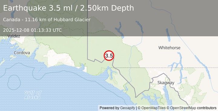Earthquake SOUTHERN YUKON TERRITORY, CANADA (3.5 ml) (2025-12-08 01:13:33 UTC)