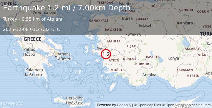 Earthquake WESTERN TURKEY (1.2 ml) (2025-12-08 01:27:32 UTC)
