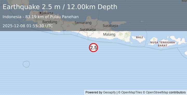 Earthquake SOUTH OF JAVA, INDONESIA (2.5 m) (2025-12-08 01:55:30 UTC)