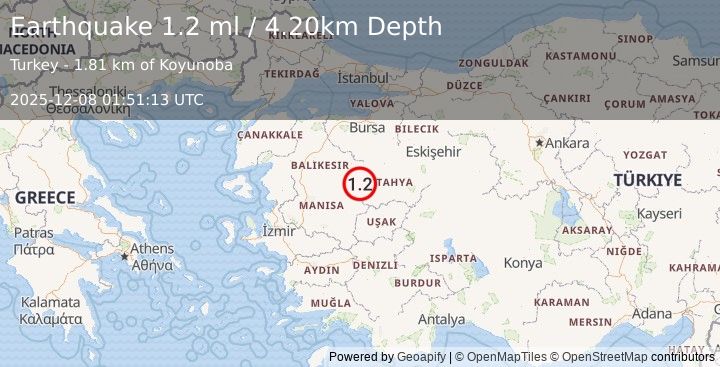 Earthquake WESTERN TURKEY (1.2 ml) (2025-12-08 01:51:13 UTC)