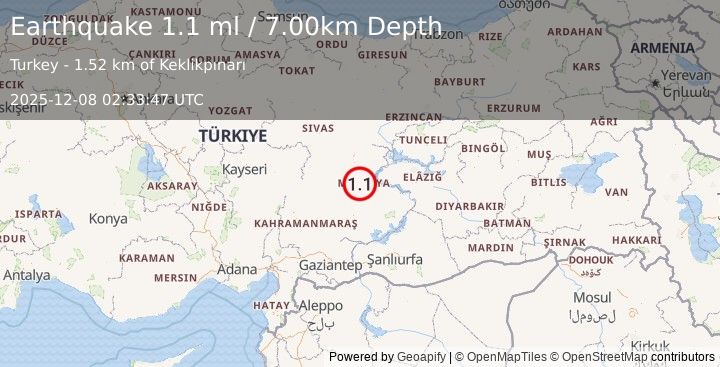 Earthquake EASTERN TURKEY (1.1 ml) (2025-12-08 02:33:47 UTC)