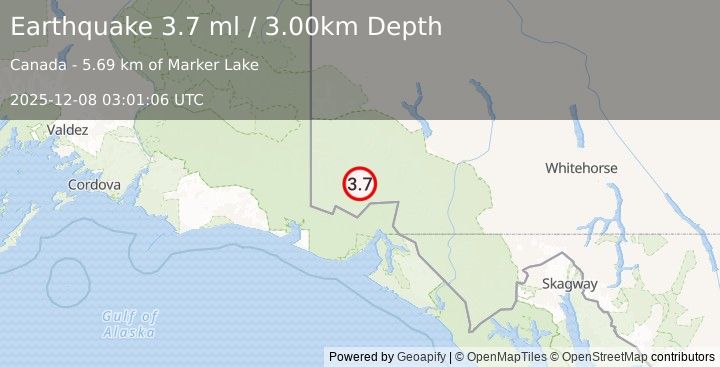 Earthquake SOUTHERN YUKON TERRITORY, CANADA (3.7 ml) (2025-12-08 03:01:08 UTC)