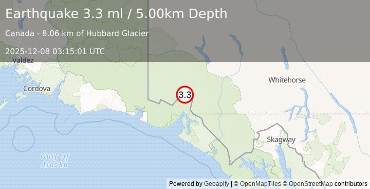 Earthquake SOUTHERN YUKON TERRITORY, CANADA (3.3 ml) (2025-12-08 03:15:01 UTC)