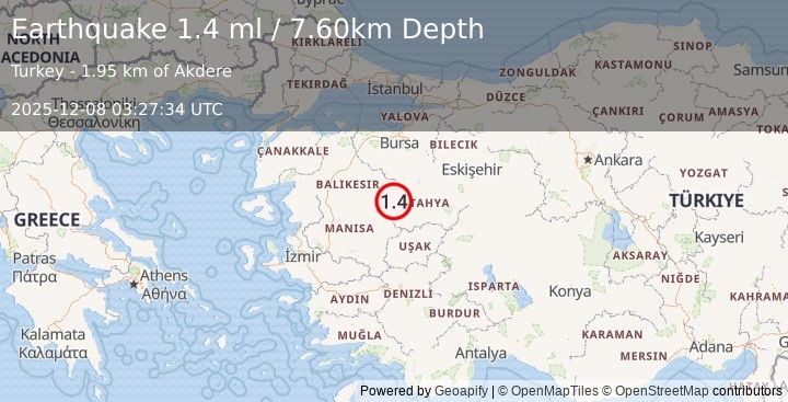 Earthquake WESTERN TURKEY (1.4 ml) (2025-12-08 03:27:34 UTC)
