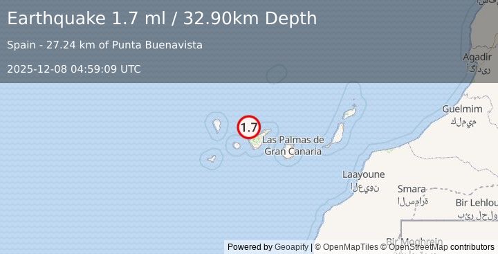 Earthquake CANARY ISLANDS, SPAIN REGION (1.7 ml) (2025-12-08 04:59:09 UTC)