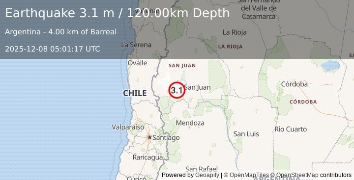Earthquake SAN JUAN, ARGENTINA (3.1 m) (2025-12-08 05:01:17 UTC)