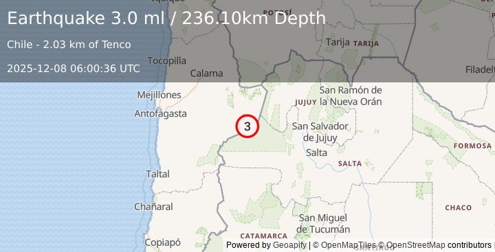 Earthquake ANTOFAGASTA, CHILE (3.0 ml) (2025-12-08 06:00:36 UTC)