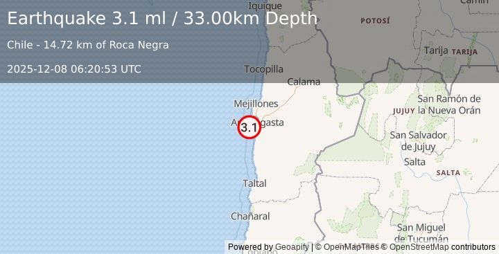 Earthquake OFFSHORE ANTOFAGASTA, CHILE (3.1 ml) (2025-12-08 06:20:53 UTC)