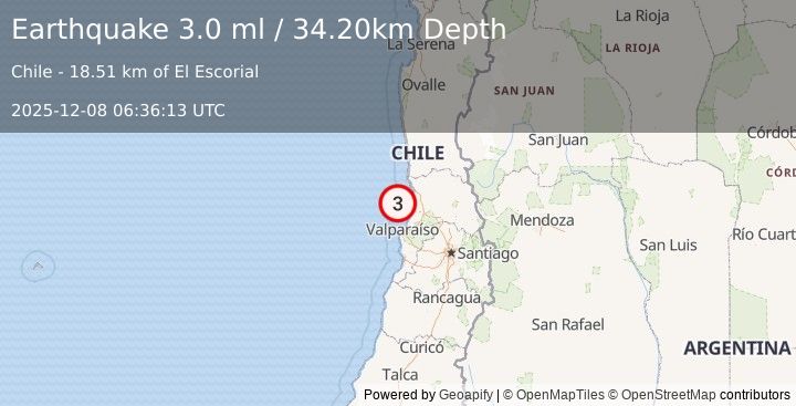 Earthquake OFFSHORE VALPARAISO, CHILE (3.0 ml) (2025-12-08 06:36:13 UTC)