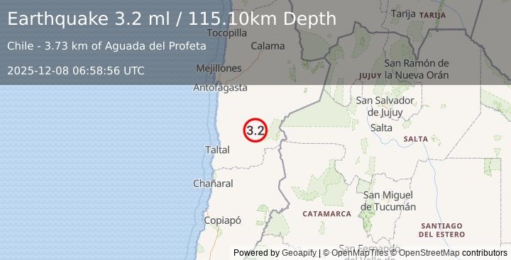 Earthquake ANTOFAGASTA, CHILE (3.2 ml) (2025-12-08 06:58:56 UTC)