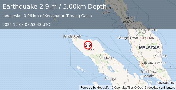 Earthquake NORTHERN SUMATRA, INDONESIA (2.9 m) (2025-12-08 08:53:43 UTC)
