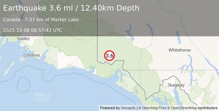 Earthquake SOUTHERN YUKON TERRITORY, CANADA (3.6 ml) (2025-12-08 08:57:42 UTC)