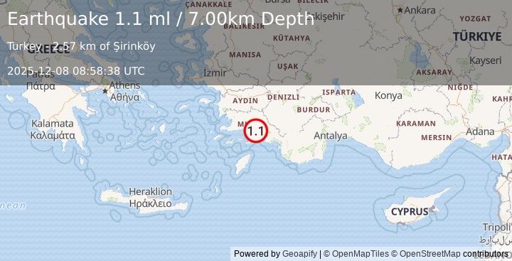 Earthquake WESTERN TURKEY (1.1 ml) (2025-12-08 08:58:38 UTC)