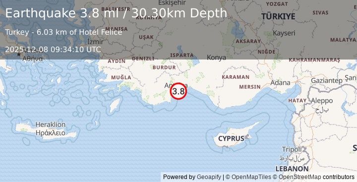 Earthquake WESTERN TURKEY (3.7 ml) (2025-12-08 09:34:08 UTC)
