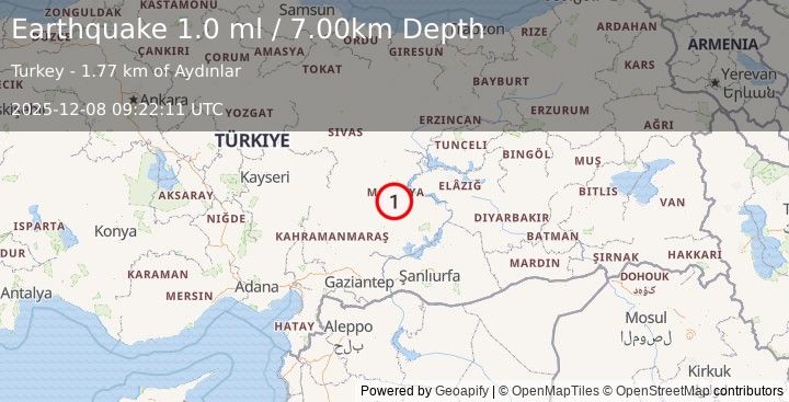 Earthquake EASTERN TURKEY (1.0 ml) (2025-12-08 09:22:11 UTC)