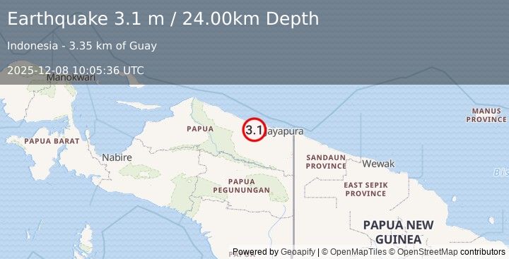 Earthquake NEAR N COAST OF PAPUA, INDONESIA (3.1 m) (2025-12-08 10:06:11 UTC)