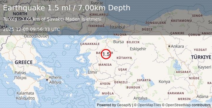 Earthquake WESTERN TURKEY (1.5 ml) (2025-12-08 09:56:33 UTC)