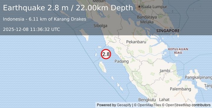 Earthquake SOUTHERN SUMATRA, INDONESIA (2.8 m) (2025-12-08 11:36:32 UTC)