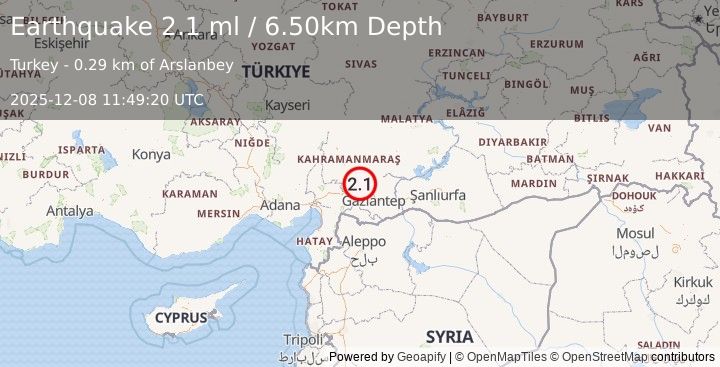 Earthquake CENTRAL TURKEY (2.2 ml) (2025-12-08 11:49:21 UTC)