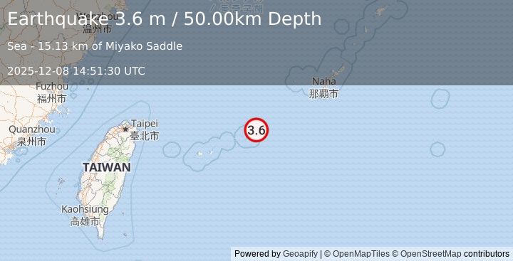 Earthquake SOUTHWESTERN RYUKYU ISL., JAPAN (3.6 m) (2025-12-08 14:51:30 UTC)