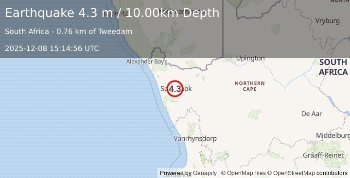 Earthquake SOUTH AFRICA (4.3 m) (2025-12-08 15:14:56 UTC)