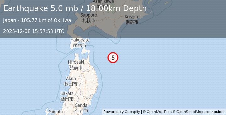 Earthquake OFF EAST COAST OF HONSHU, JAPAN (5.1 mb) (2025-12-08 15:57:54 UTC)