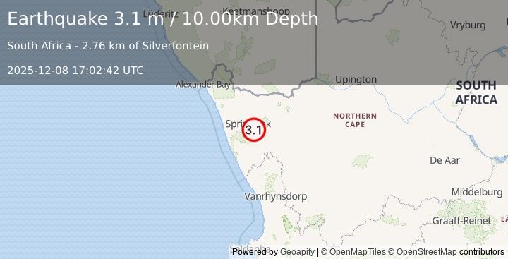 Earthquake SOUTH AFRICA (3.1 m) (2025-12-08 17:02:42 UTC)