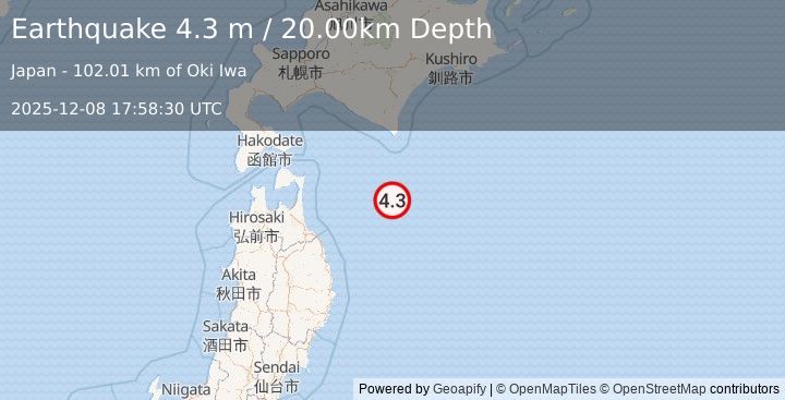 Earthquake HOKKAIDO, JAPAN REGION (4.8 mb) (2025-12-08 17:58:27 UTC)