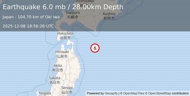 Earthquake HOKKAIDO, JAPAN REGION (5.8 mb) (2025-12-08 18:56:29 UTC)