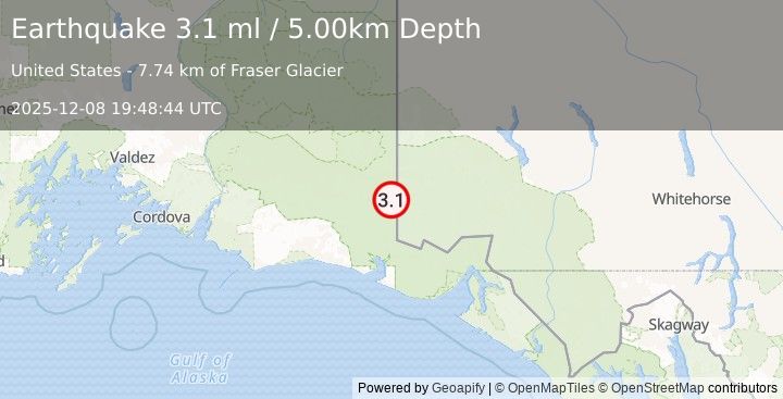 Earthquake SOUTHERN YUKON TERRITORY, CANADA (3.6 ml) (2025-12-08 19:48:39 UTC)