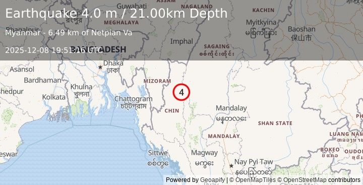 Earthquake MYANMAR-INDIA BORDER REGION (3.7 m) (2025-12-08 19:51:18 UTC)
