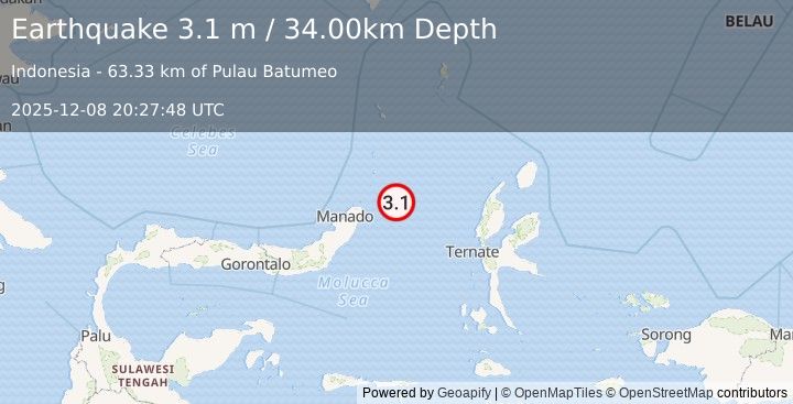 Earthquake MOLUCCA SEA (3.1 m) (2025-12-08 20:27:48 UTC)