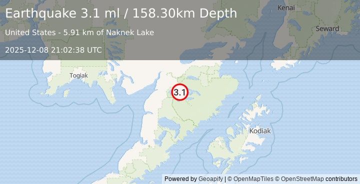 Earthquake ALASKA PENINSULA (2.9 ml) (2025-12-08 21:02:36 UTC)