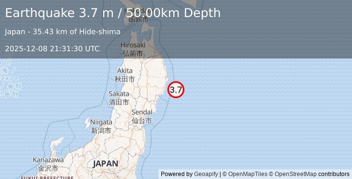 Earthquake NEAR EAST COAST OF HONSHU, JAPAN (3.7 m) (2025-12-08 21:31:30 UTC)