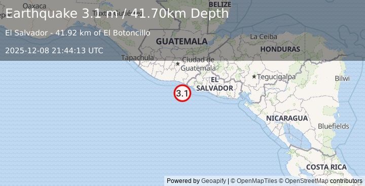 Earthquake OFFSHORE EL SALVADOR (3.1 m) (2025-12-08 21:44:13 UTC)