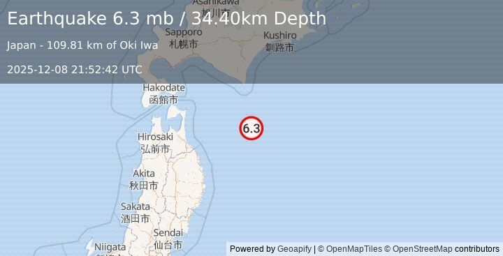 Earthquake HOKKAIDO, JAPAN REGION (6.7 mw) (2025-12-08 21:52:42 UTC)