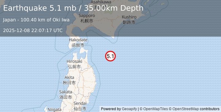Earthquake HOKKAIDO, JAPAN REGION (5.1 mb) (2025-12-08 22:07:19 UTC)