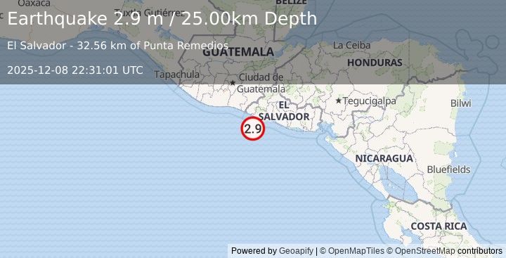Earthquake OFFSHORE EL SALVADOR (2.9 m) (2025-12-08 22:31:01 UTC)