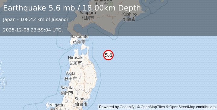 Earthquake NEAR EAST COAST OF HONSHU, JAPAN (5.6 mb) (2025-12-08 23:59:06 UTC)