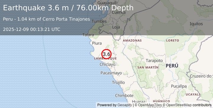 Earthquake NEAR COAST OF NORTHERN PERU (3.6 m) (2025-12-09 00:13:21 UTC)