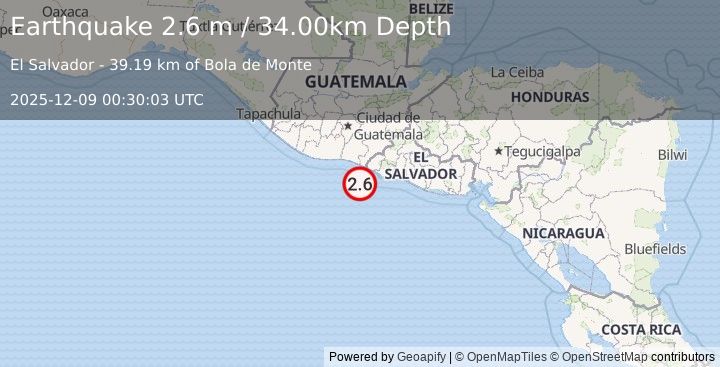 Earthquake OFFSHORE EL SALVADOR (2.6 m) (2025-12-09 00:30:03 UTC)