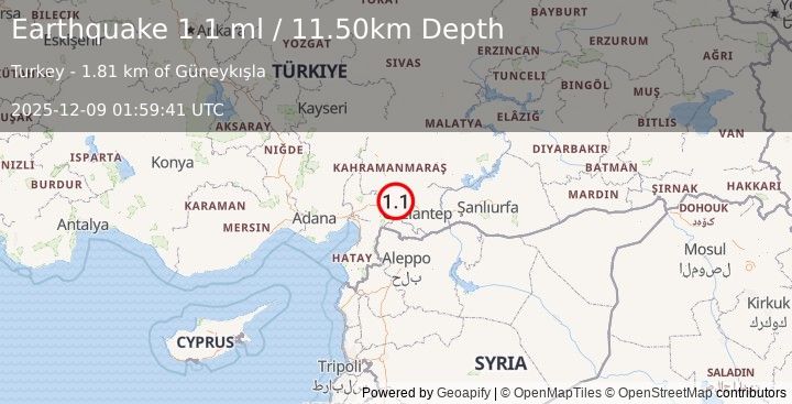 Earthquake CENTRAL TURKEY (1.1 ml) (2025-12-09 01:59:41 UTC)