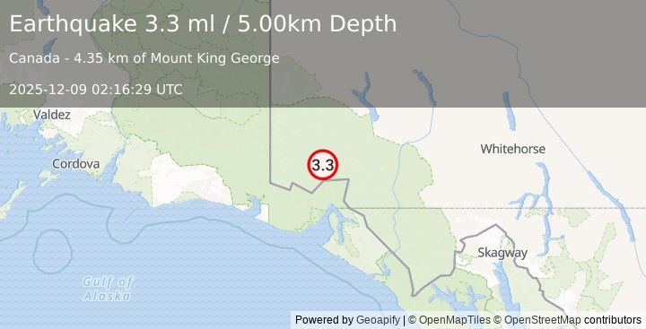 Earthquake SOUTHERN YUKON TERRITORY, CANADA (3.3 ml) (2025-12-09 02:16:28 UTC)