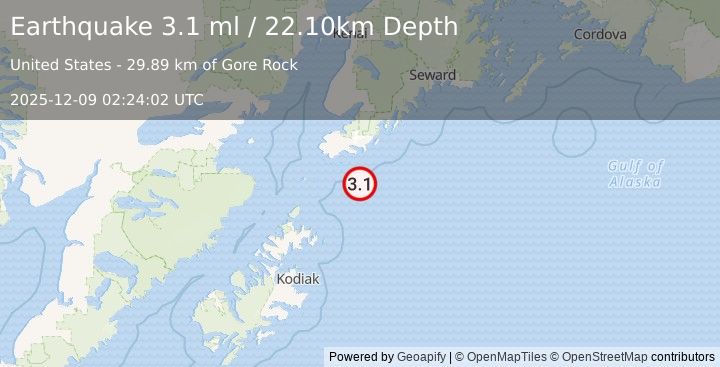 Earthquake KODIAK ISLAND REGION, ALASKA (3.1 ml) (2025-12-09 02:24:03 UTC)
