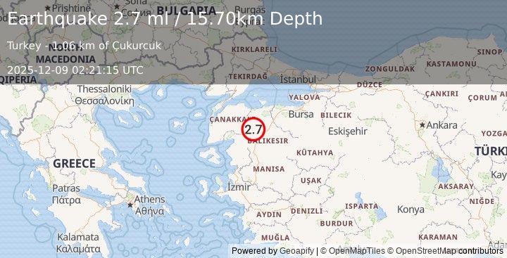 Earthquake WESTERN TURKEY (2.7 ml) (2025-12-09 02:21:15 UTC)