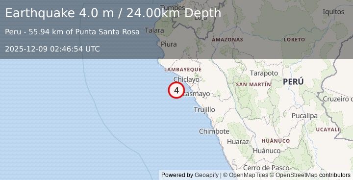 Earthquake OFF COAST OF NORTHERN PERU (4.0 m) (2025-12-09 02:46:54 UTC)