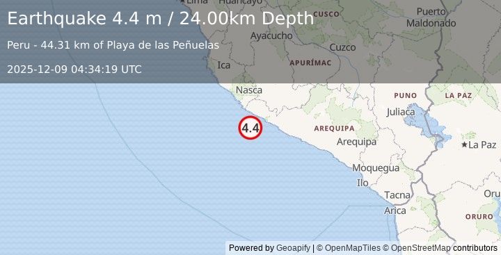 Earthquake NEAR COAST OF SOUTHERN PERU (4.4 m) (2025-12-09 04:34:19 UTC)
