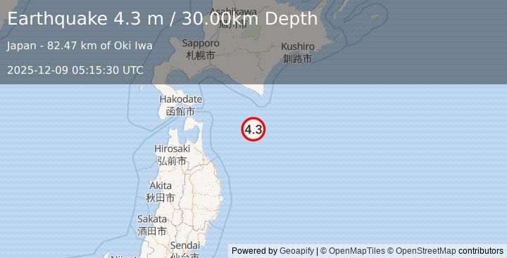 Earthquake HOKKAIDO, JAPAN REGION (4.3 m) (2025-12-09 05:15:30 UTC)