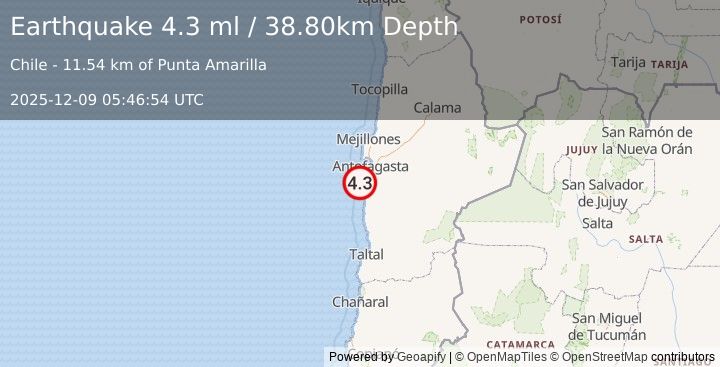 Earthquake OFFSHORE ANTOFAGASTA, CHILE (4.3 ml) (2025-12-09 05:46:54 UTC)